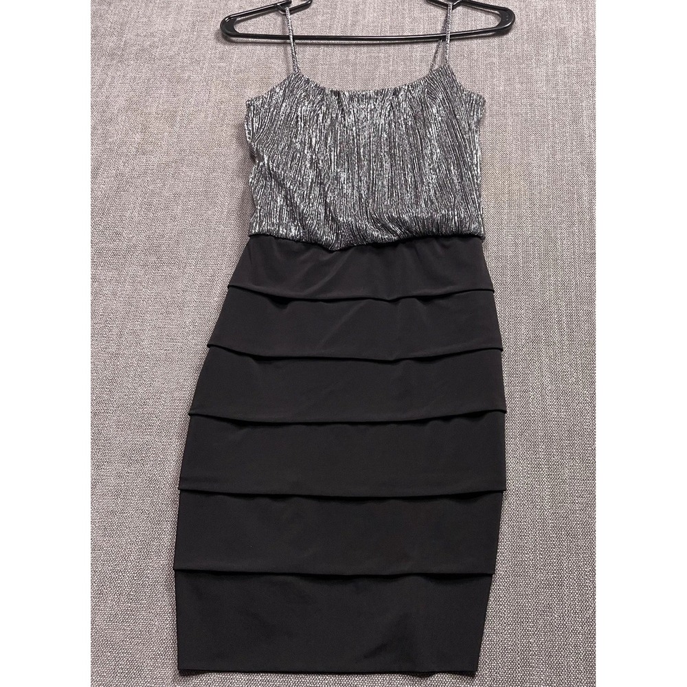 Sweet Storm Tiered Bodycon Dress Womens Small Black Silver Metallic Scoop Neck